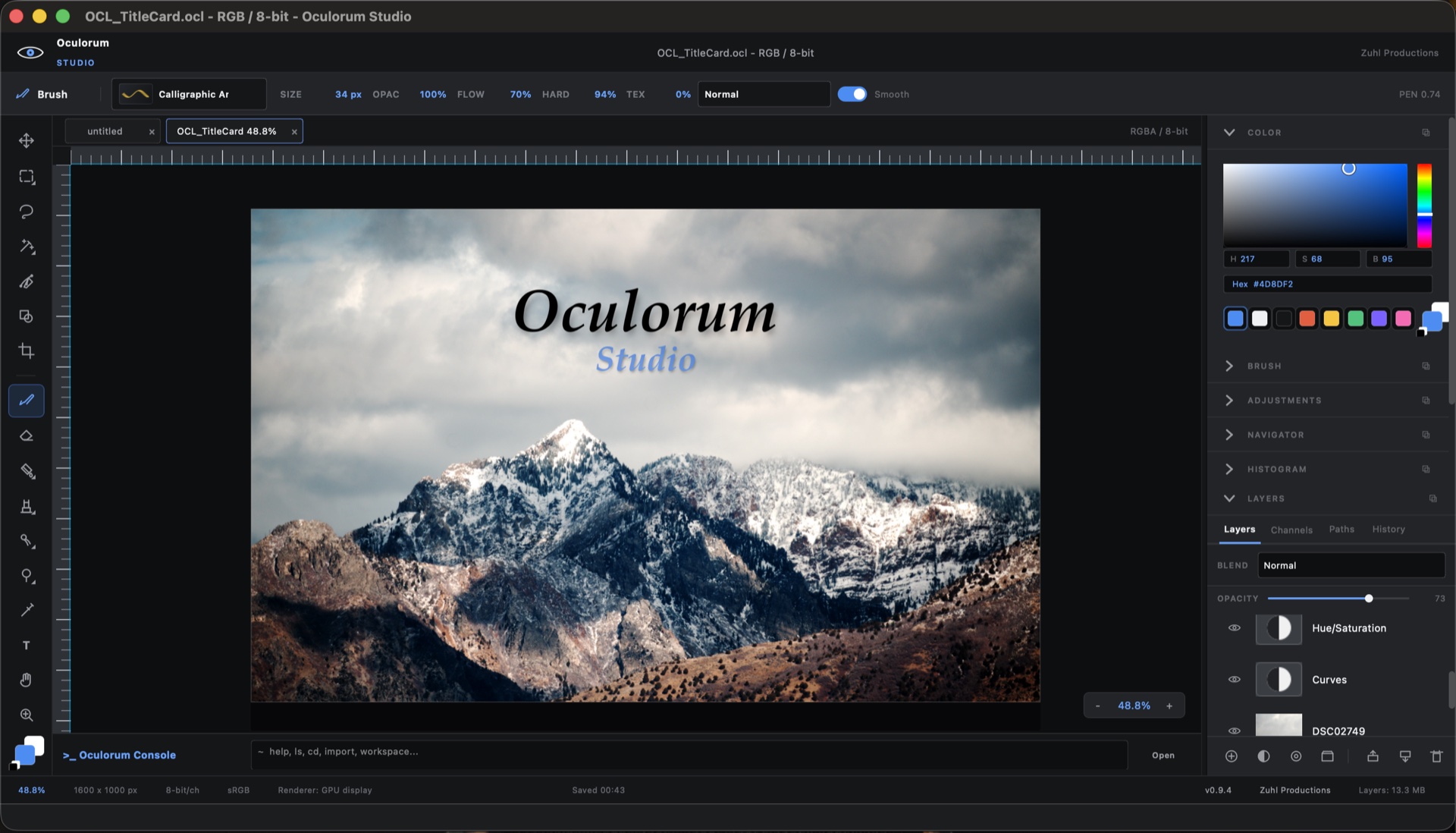 Oculorum Studio editing workspace with a mountain photograph, adjustment layers, and dockable tools