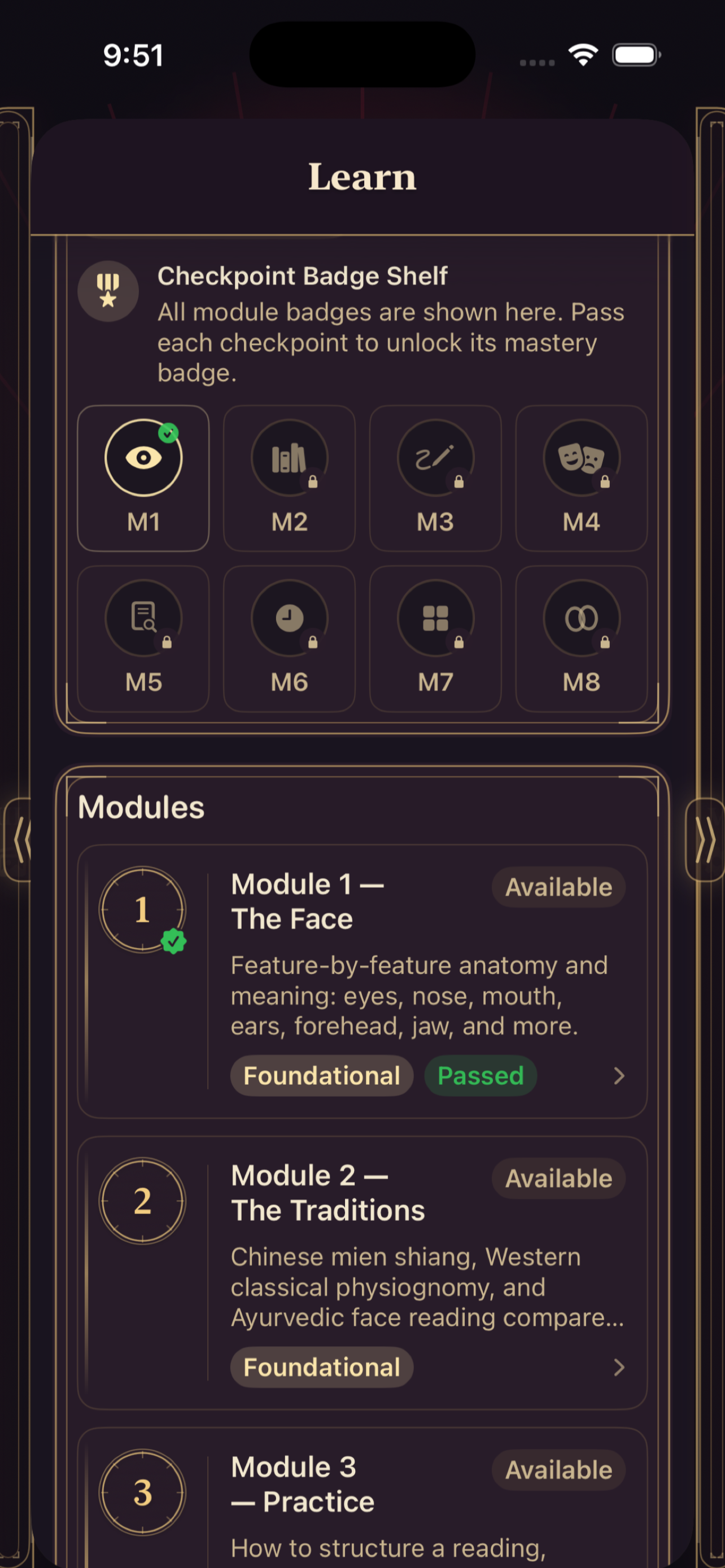 Physiognomous Learn screen
